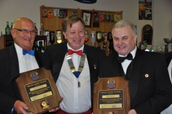 Lion President Dr Alan Benson (centre) with Melvin Jones recipients Lion Peter Collins (left) and Lion Neil Moxey (right)